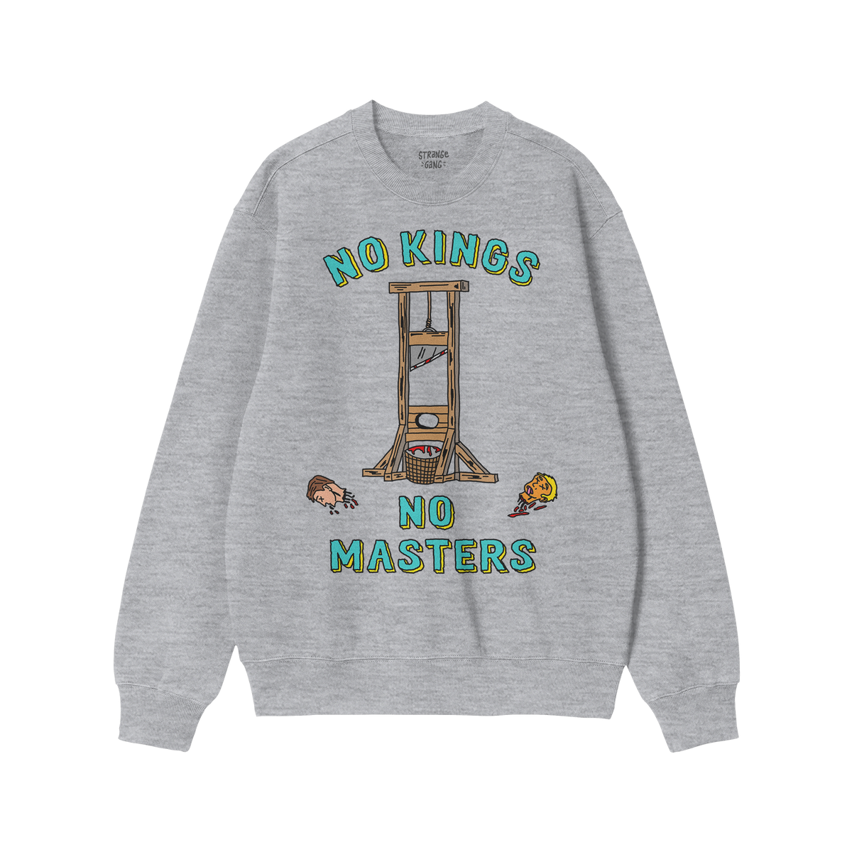 No Kings No Masters Shirt featuring a bold graphical guillotine with severed heads, capturing an anarchist spirit. Text reads