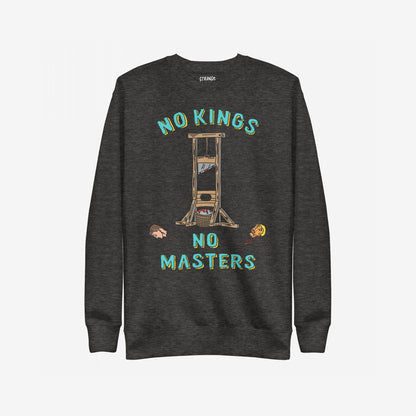 No Kings No Masters Sweatshirt features a striking guillotine graphic with severed heads, embodying a rebellious message against authoritarianism, perfect for those challenging power.