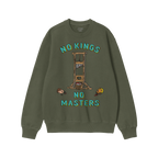 No Kings No Masters Shirt: Purple crewneck sweatshirt with a bold graphic of a guillotine and severed heads, featuring the ph