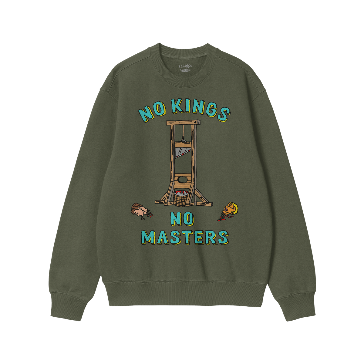 No Kings No Masters Shirt: Purple crewneck sweatshirt with a bold graphic of a guillotine and severed heads, featuring the ph