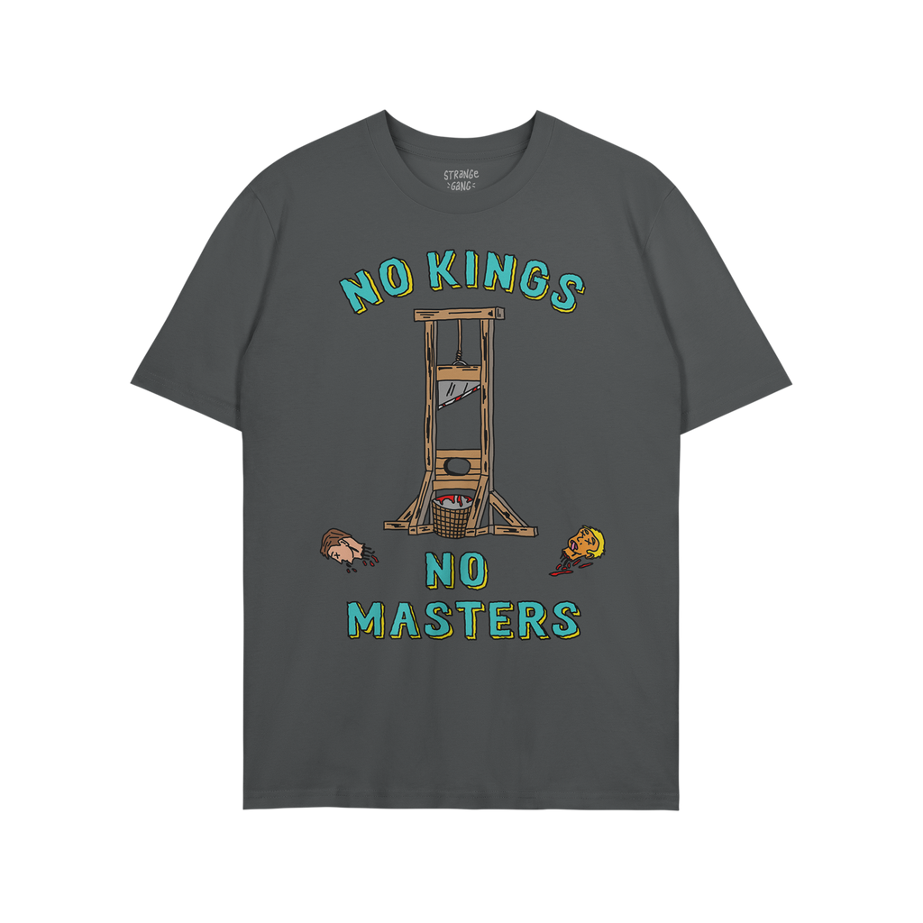 No Kings No Masters Shirt featuring a cartoon guillotine with severed heads, bold lettering, and a subversive message, embody