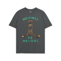 No Kings No Masters Shirt featuring a cartoon guillotine with severed heads, bold lettering, and a subversive message, embody