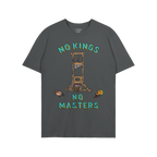 No Kings No Masters Shirt featuring a cartoon guillotine with severed heads, bold lettering, and a subversive message, embody