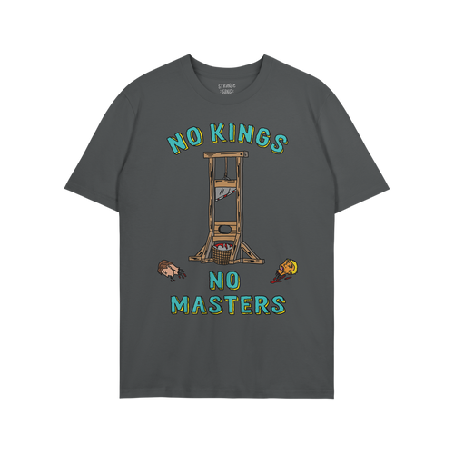 No Kings No Masters Shirt featuring a cartoon guillotine with severed heads, bold lettering, and a subversive message, embody