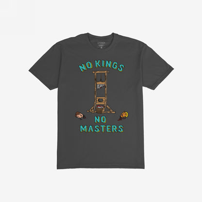 No Kings No Masters T-shirt featuring a hand-drawn guillotine with cartoon severed heads and bold slogans. This rebellious design makes a bold statement against authority and conformity.