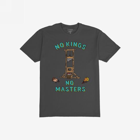 No Kings No Masters T-shirt featuring a hand-drawn guillotine with cartoon severed heads and bold slogans. This rebellious design makes a bold statement against authority and conformity.