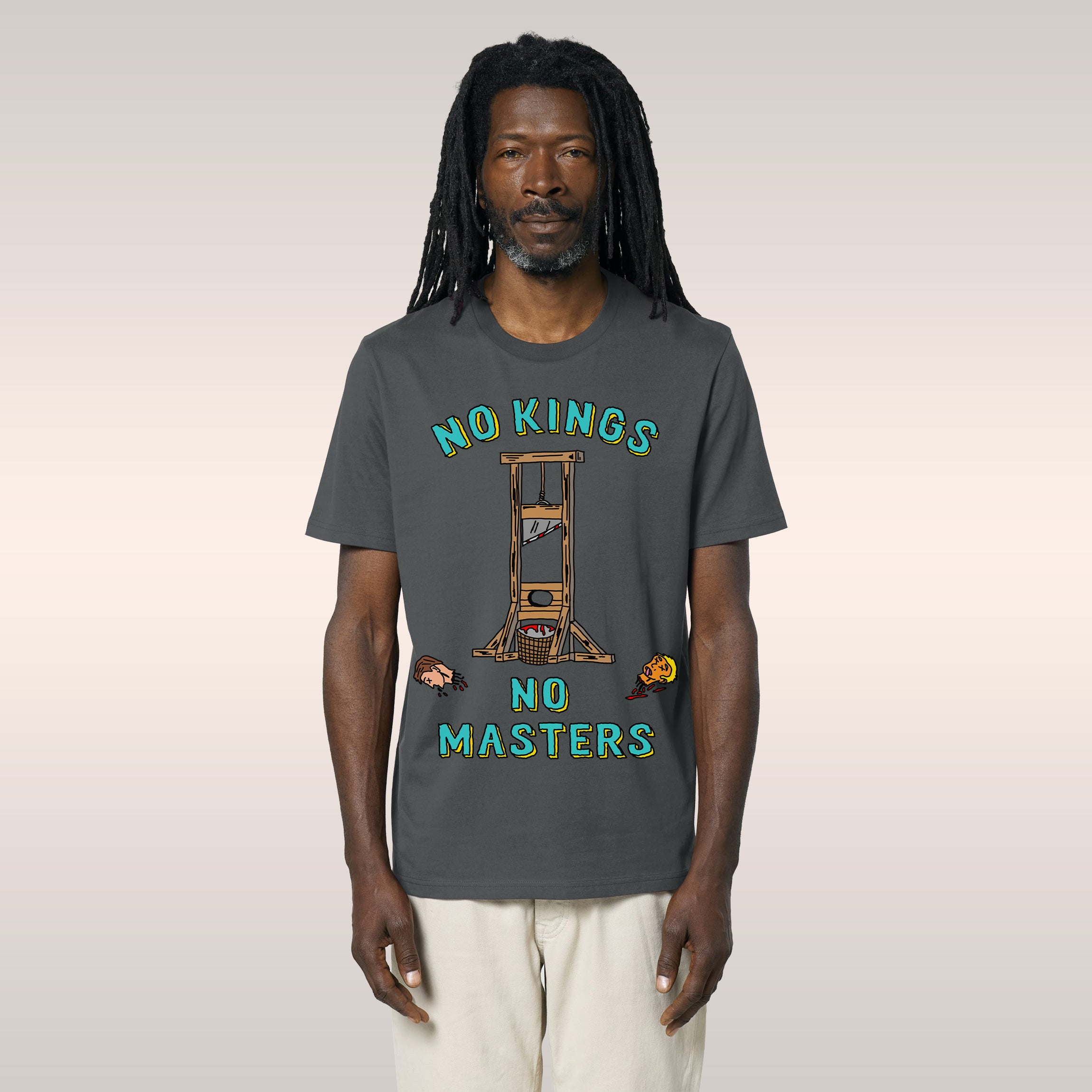 Person with dreadlocks wearing the No Kings No Masters Shirt featuring a bold guillotine graphic and severed heads, symbolizi