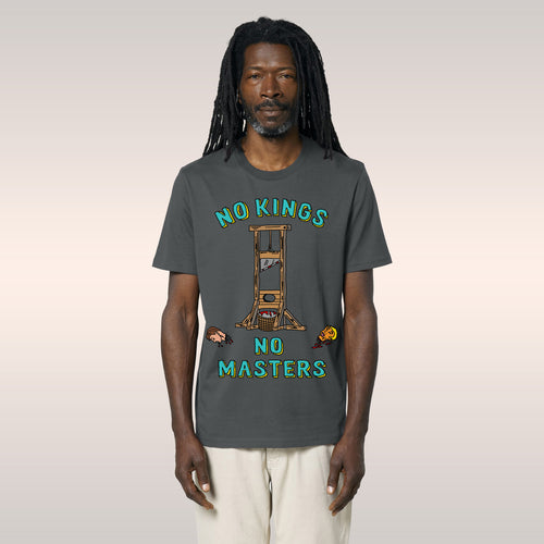 Person with dreadlocks wearing the No Kings No Masters Shirt featuring a bold guillotine graphic and severed heads, symbolizi