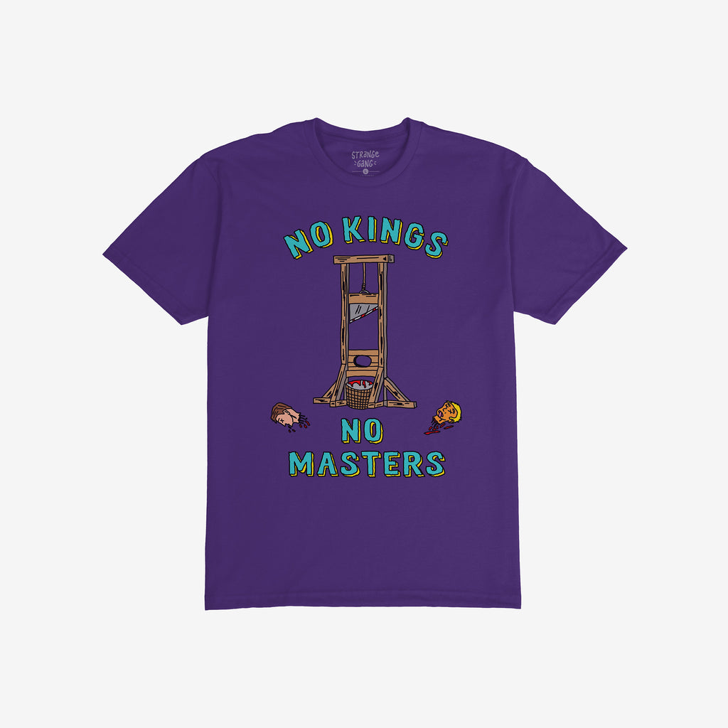 No Kings No Masters Shirt features a bold cartoonish guillotine with NO KINGS above and NO MASTERS below, flanked by stylized severed heads, symbolizing anti-authoritarian defiance.