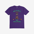 No Kings No Masters Shirt features a bold cartoonish guillotine with NO KINGS above and NO MASTERS below, flanked by stylized severed heads, symbolizing anti-authoritarian defiance.