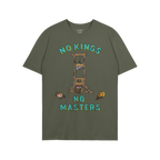 No Kings No Masters Shirt features a bold cartoonish guillotine with NO KINGS above and NO MASTERS below, flanked by stylized