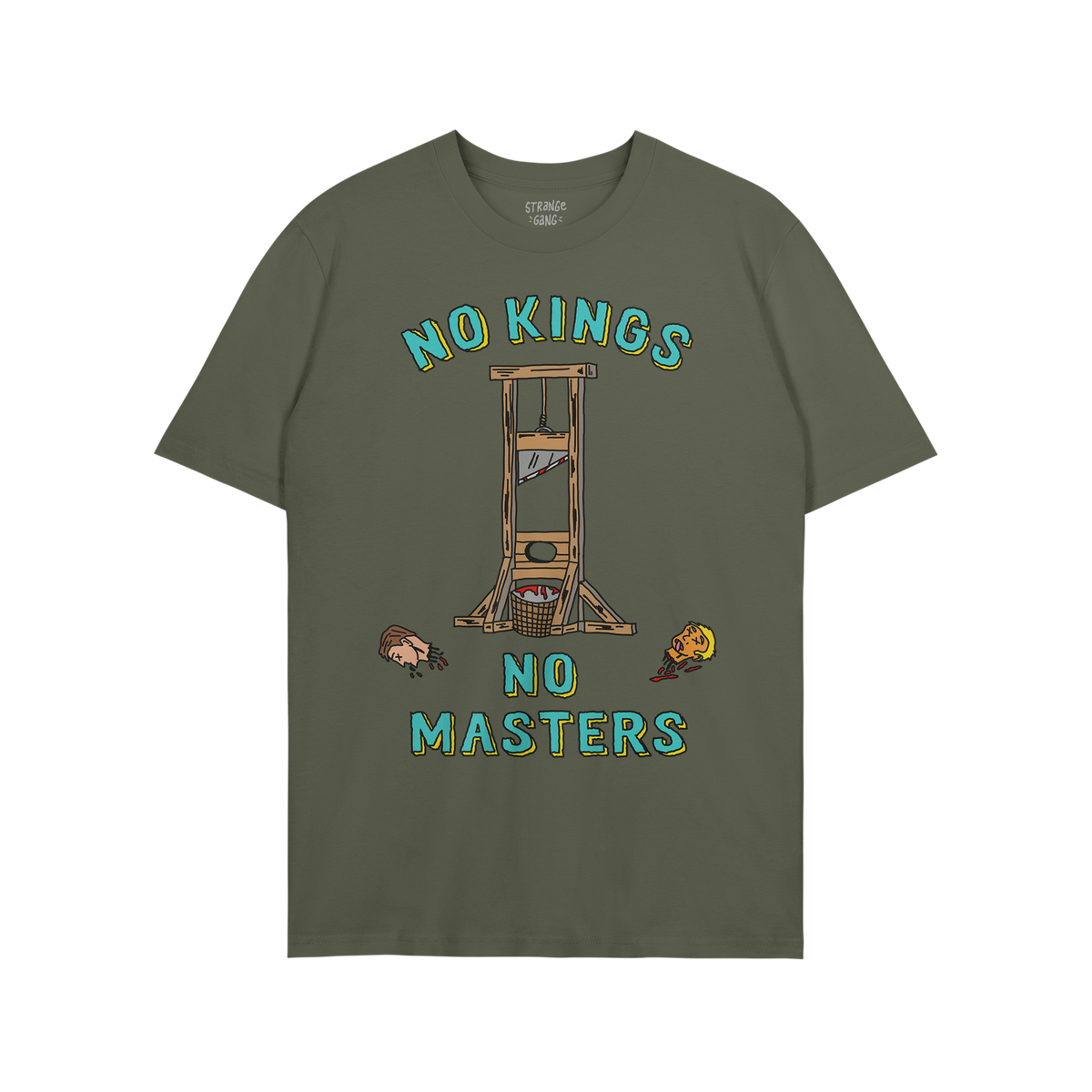 No Kings No Masters Shirt features a bold cartoonish guillotine with NO KINGS above and NO MASTERS below, flanked by stylized