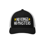 The No Kings No Masters Hat features a black front with white mesh and a curved black brim. Boldly embroidered with “NO KIN
