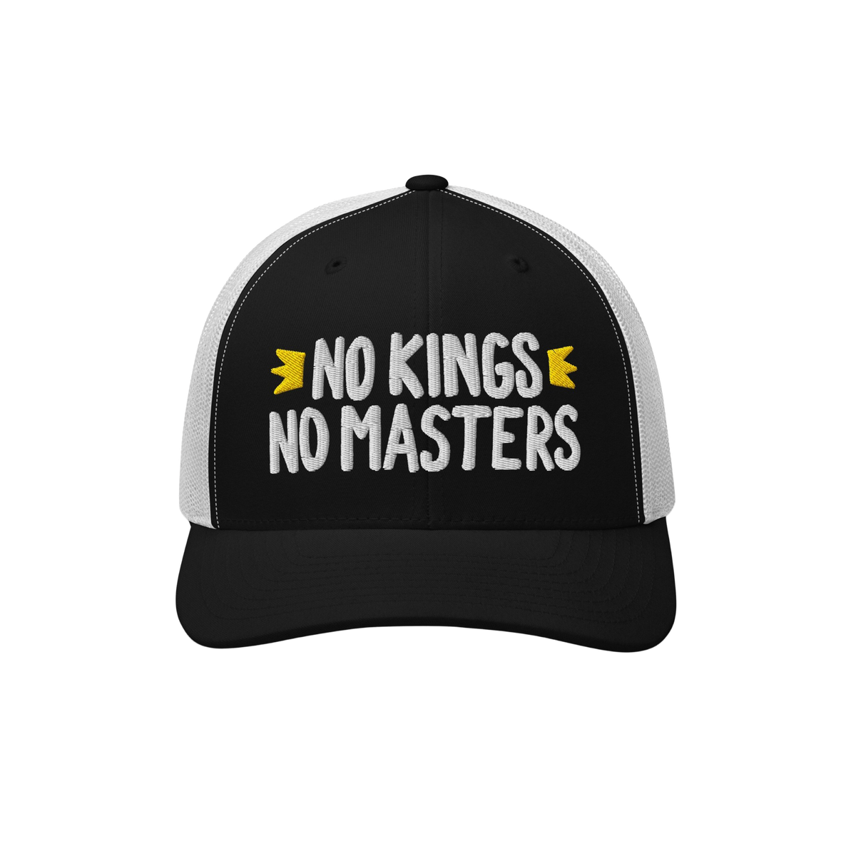 The No Kings No Masters Hat features a black front with white mesh and a curved black brim. Boldly embroidered with “NO KIN