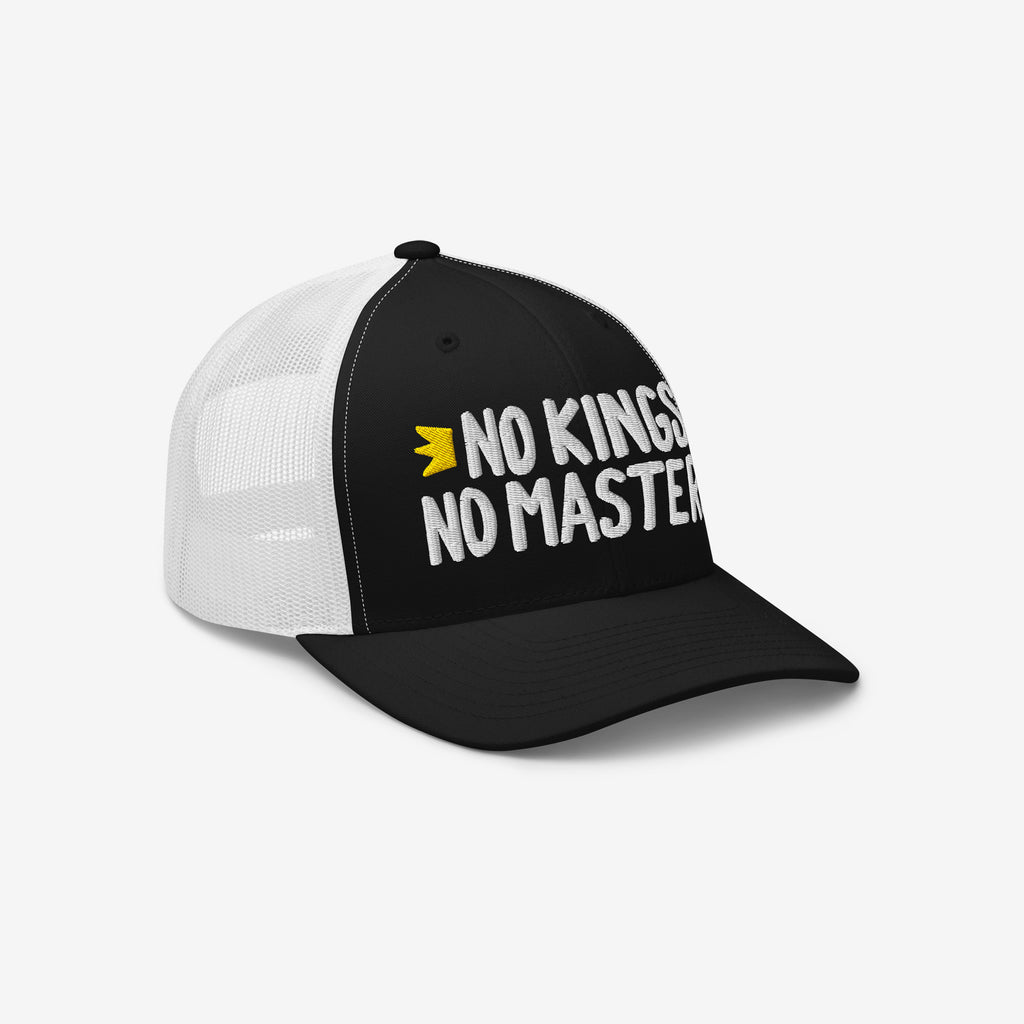 No Kings No Masters Hat featuring a black front and white mesh back, with bold white embroidery and a yellow crown graphic. A rebellious statement piece for those challenging authority and supporting equality.