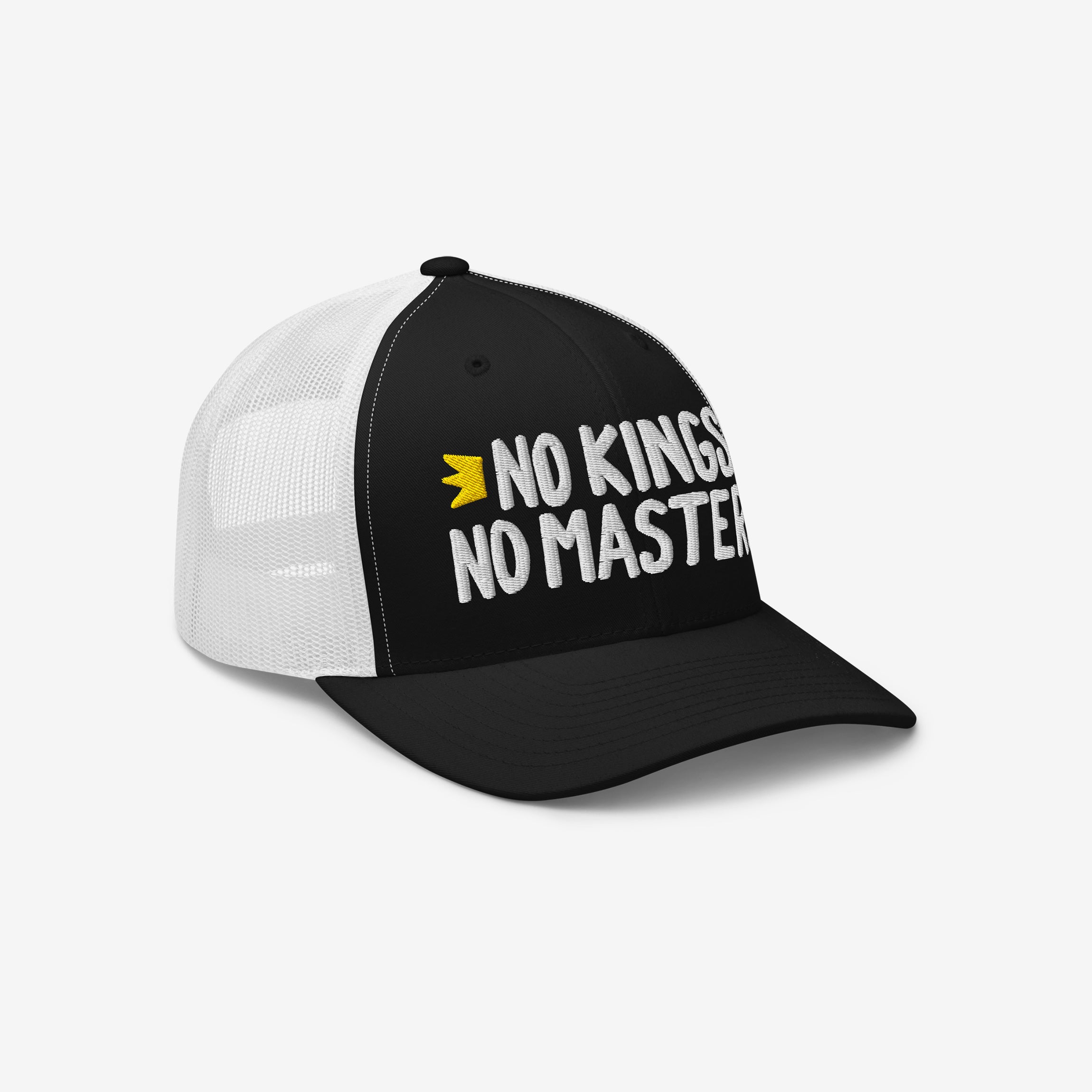 No Kings No Masters Hat featuring a black front and white mesh back, with bold white embroidery and a yellow crown graphic. A rebellious statement piece for those challenging authority and supporting equality.
