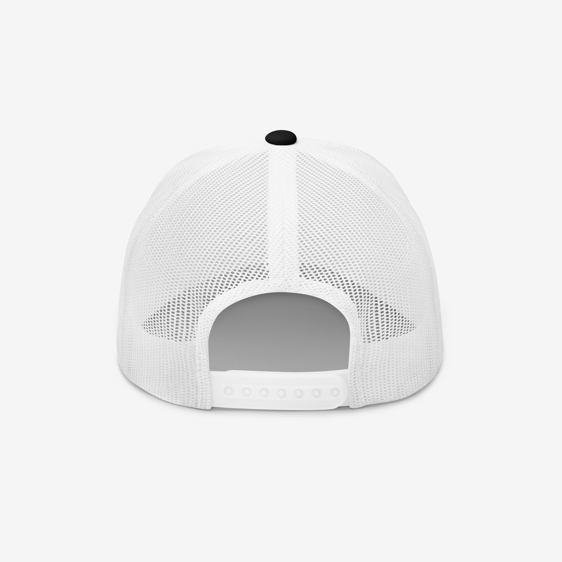 Back view of the No Kings No Masters Hat, a white mesh trucker cap featuring a plastic snap-back strap. This hand-drawn embroidered cap embodies rebellion and defiance against oppressive systems.