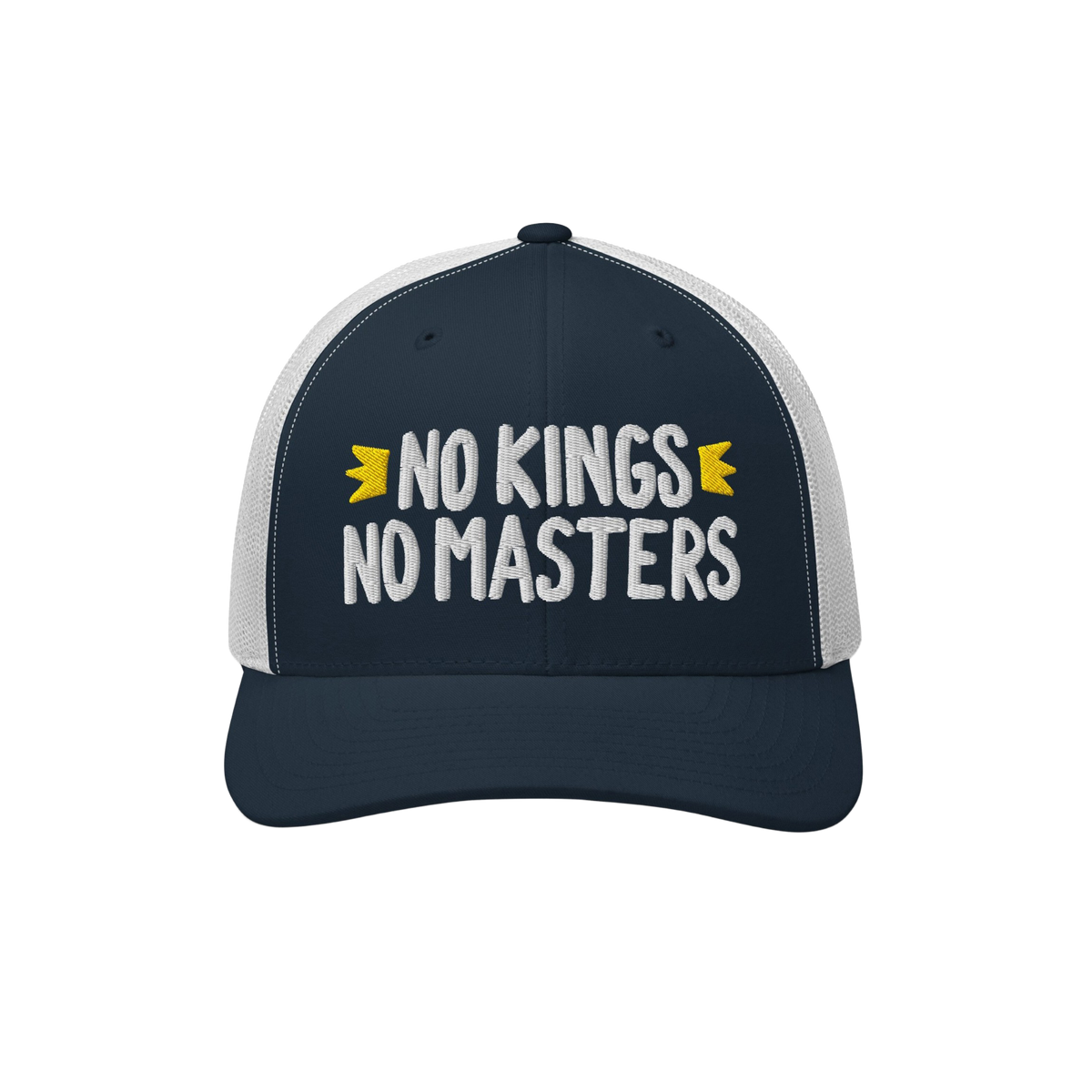 No Kings No Masters Hat featuring bold white embroidery on a navy cap with white mesh, symbolizes rebellion and individuality