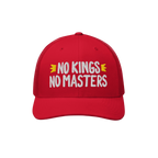 Red mesh-back trucker cap with white embroidered text NO KINGS NO MASTERS, featuring yellow accents, embodying an anti-establ