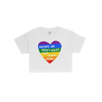 No LGBTQ Hate Women's Baby Tee features a distressed rainbow heart with the phrase “Hating Me Won’t Solve Your Problems,�