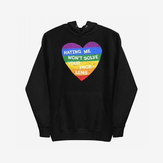 No LGBTQ Hate Hoodie features a bold heart with rainbow stripes and “HATING ME WON’T SOLVE YOUR PROBLEMS” slogan, embodying LGBTQ pride and resistance. Designed for visibility and self-love.