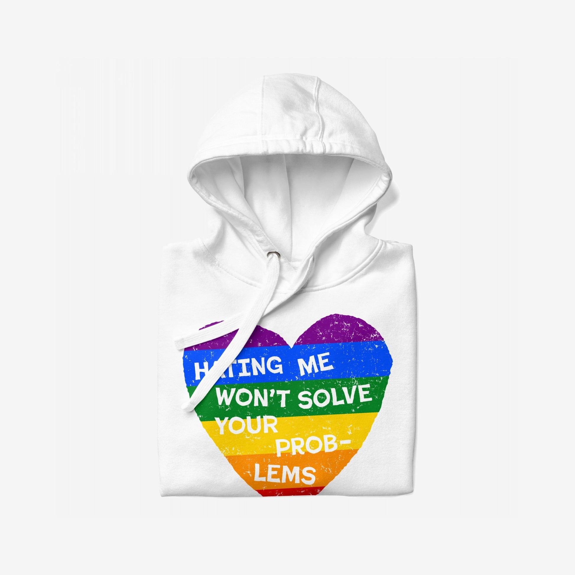 No LGBTQ Hate Hoodie features a distressed rainbow heart with Hating Me Won’t Solve Your Problems slogan, embodying proud LGBTQ visibility and self-love, perfect for statement-making wear.