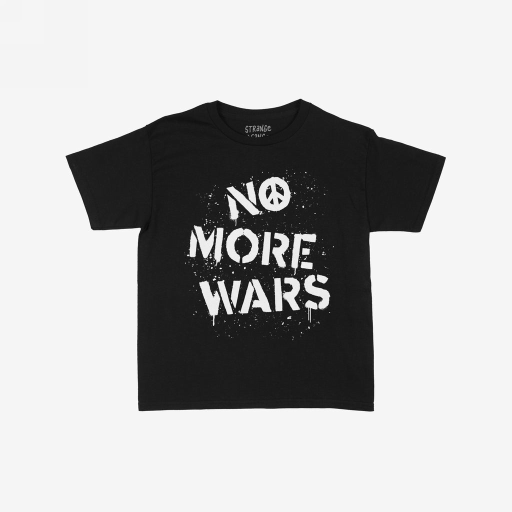 No More Wars Women's Baby Tee with a distressed, stencil-style “NO MORE WARS” message and peace symbol, ideal for protest and solidarity, laid flat against a neutral backdrop.