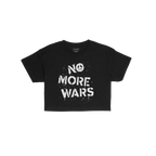 No More Wars Women's Baby Tee with a distressed, stencil-style “NO MORE WARS” message and peace symbol, ideal for protest