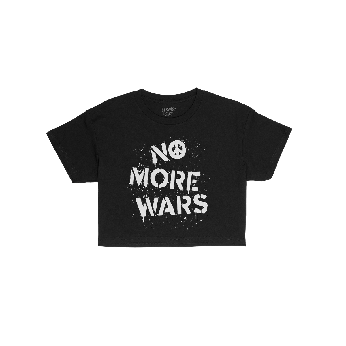 No More Wars Women's Baby Tee with a distressed, stencil-style “NO MORE WARS” message and peace symbol, ideal for protest