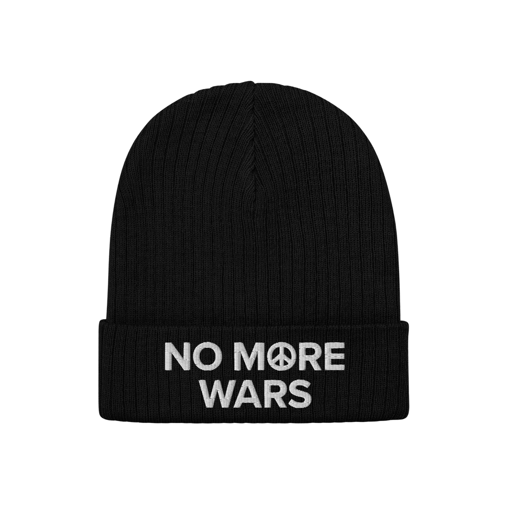 Black rib-knit No More Wars Hat with white embroidered text on the cuff highlighting peace advocacy, featuring a peace symbol