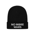 Black rib-knit No More Wars Hat with white embroidered text on the cuff highlighting peace advocacy, featuring a peace symbol