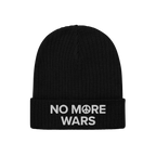 Black rib-knit No More Wars Hat with white embroidered text on the cuff highlighting peace advocacy, featuring a peace symbol