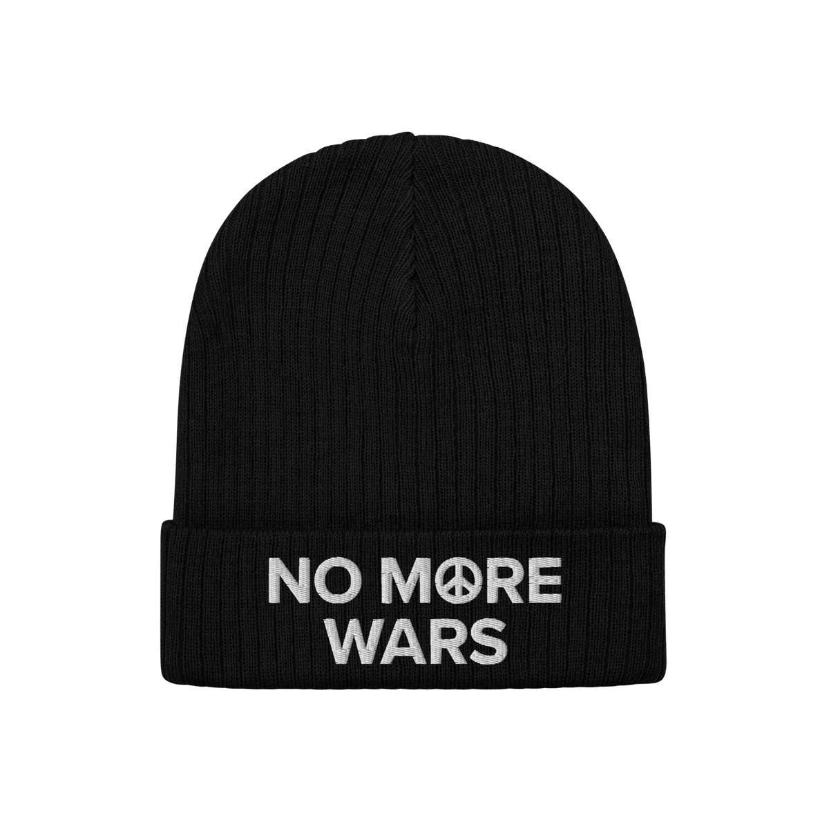 Black rib-knit No More Wars Hat with white embroidered text on the cuff highlighting peace advocacy, featuring a peace symbol