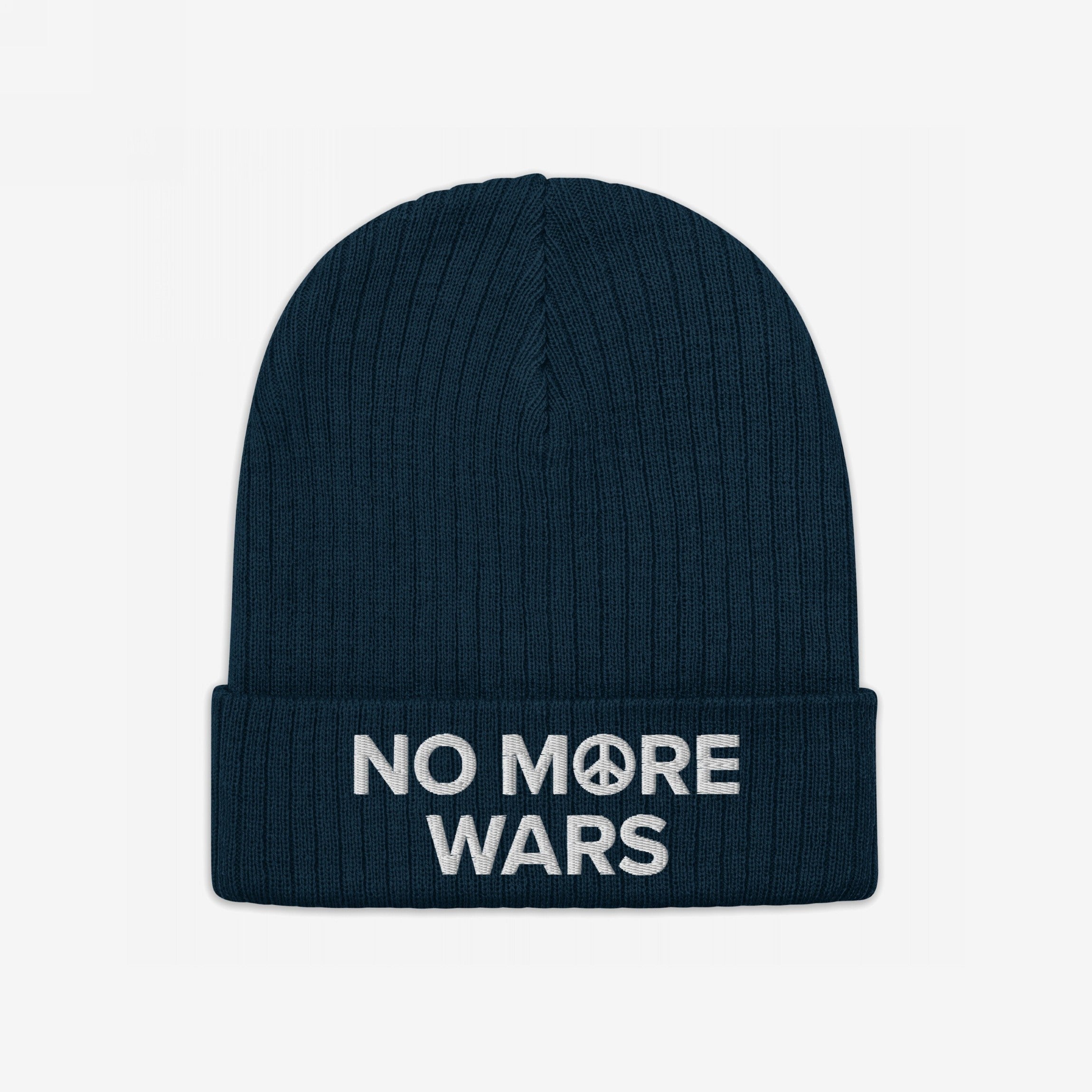 No More Wars Hat: Dark-navy beanie with NO MORE WARS embroidered in white, featuring a peace-symbol icon in “MORE.” A bold statement against war, promoting peace and equality.