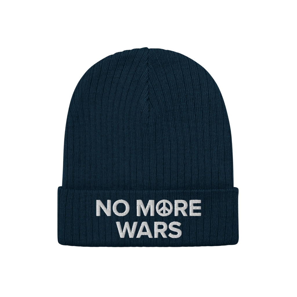 No More Wars Hat: Dark-navy beanie with NO MORE WARS embroidered in white, featuring a peace-symbol icon in “MORE.” A bol
