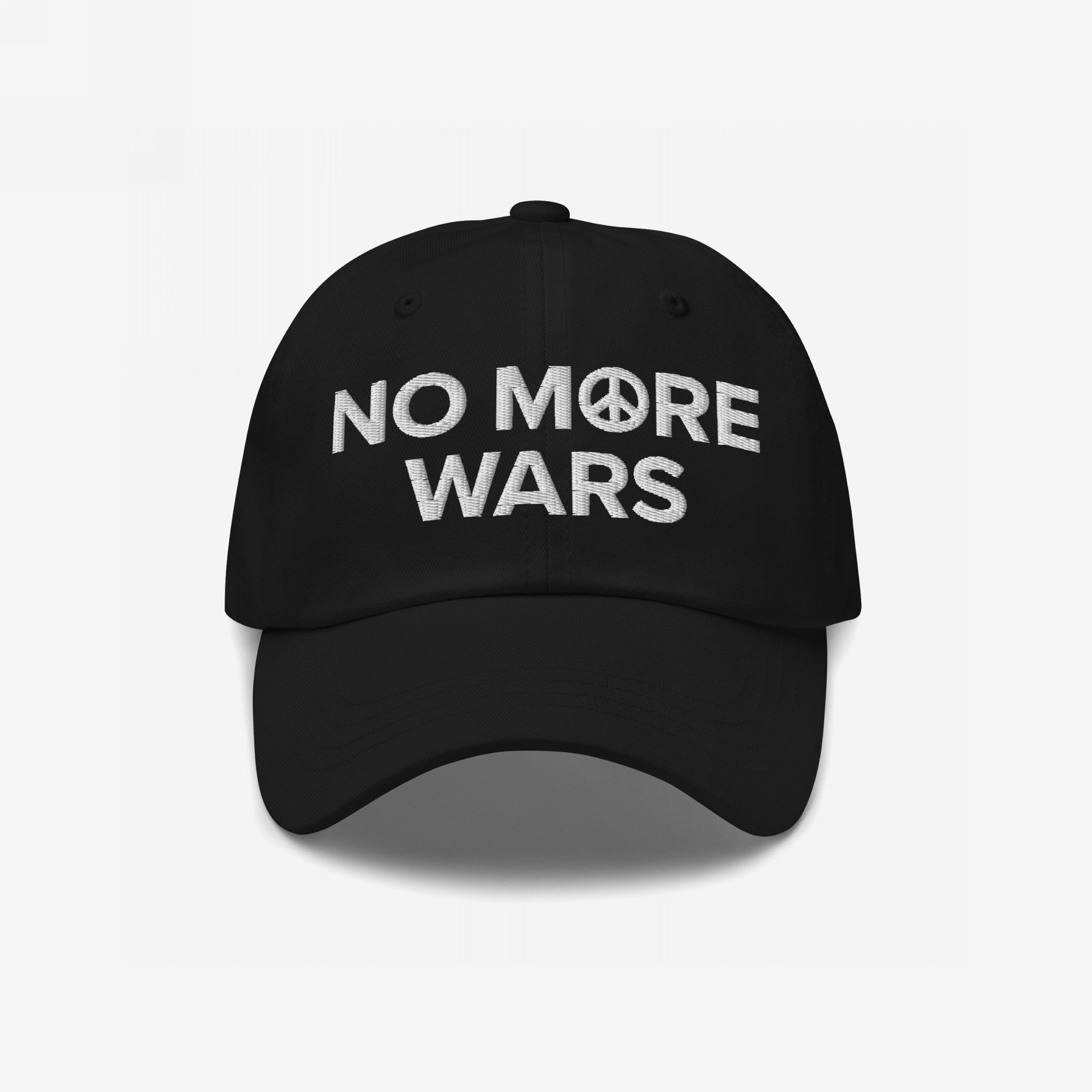 No More Wars Hat featuring white embroidered NO MORE WARS with a peace symbol, embodying a powerful anti-war message. Ideal for activists who advocate for global peace and justice.