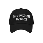 No More Wars Hat featuring white embroidered NO MORE WARS with a peace symbol, embodying a powerful anti-war message. Ideal f