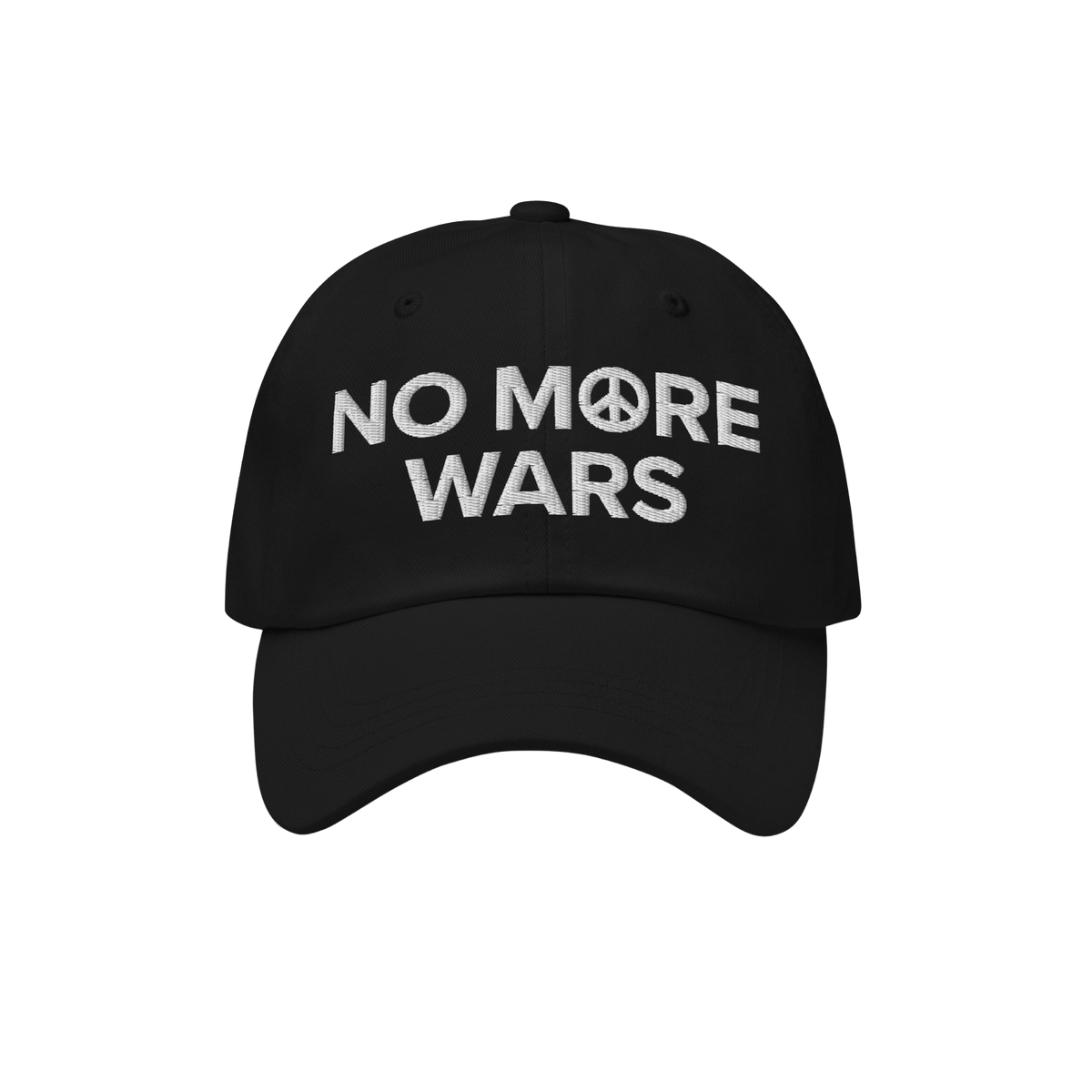 No More Wars Hat featuring white embroidered NO MORE WARS with a peace symbol, embodying a powerful anti-war message. Ideal f