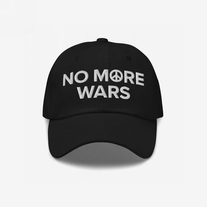 No More Wars Hat features bold white embroidery on a black cap: “NO MORE WARS” with a peace symbol. A statement piece for anti-war advocacy, blending style with activism.