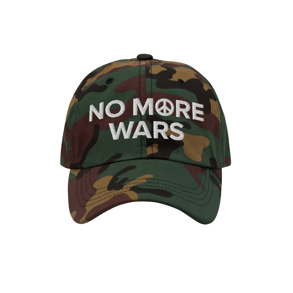 No More Wars Hat featuring woodland-camouflage design and bold white embroidery with a peace symbol, symbolizing a powerful s