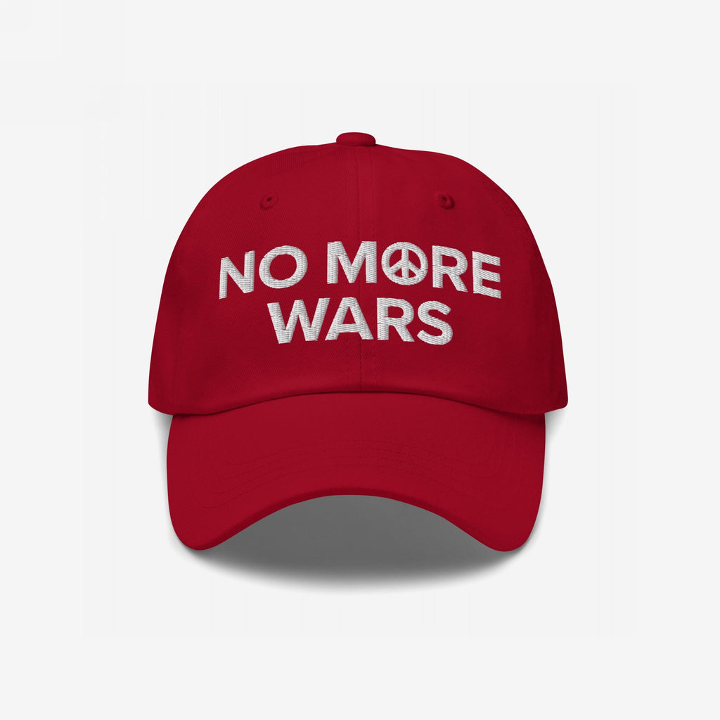 No More Wars Hat featuring white embroidery with NO MORE WARS and a peace symbol, symbolizing anti-war sentiment.