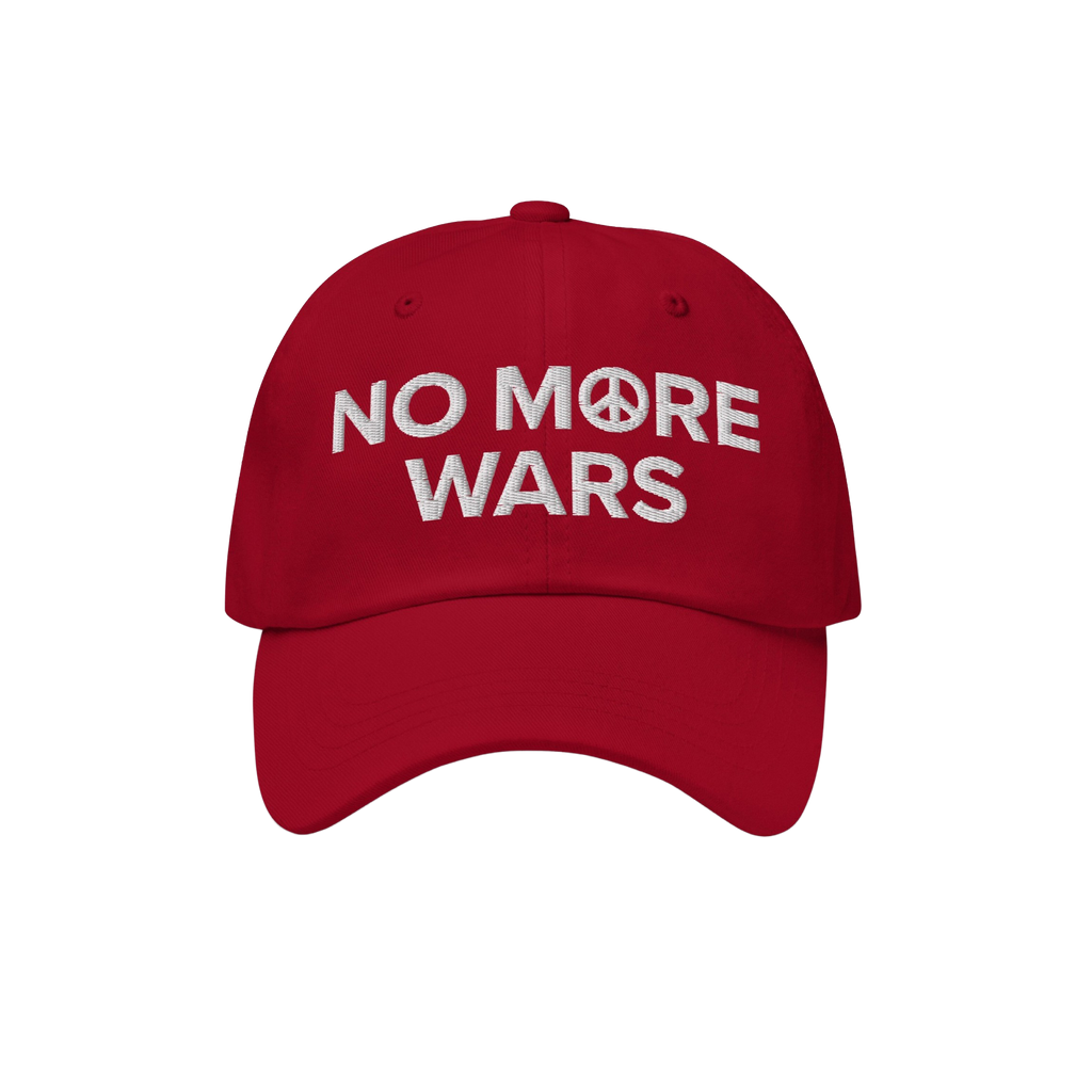 No More Wars Hat featuring white embroidery with NO MORE WARS and a peace symbol, symbolizing anti-war sentiment.