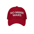 No More Wars Hat featuring white embroidery with NO MORE WARS and a peace symbol, symbolizing anti-war sentiment.