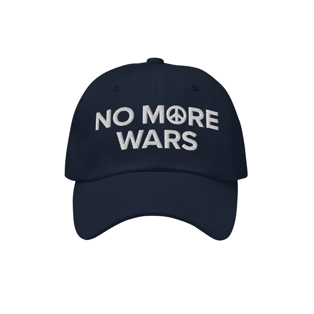 No More Wars Hat with white embroidery features NO MORE WARS and a peace symbol. This cap symbolizes peace advocacy and resis