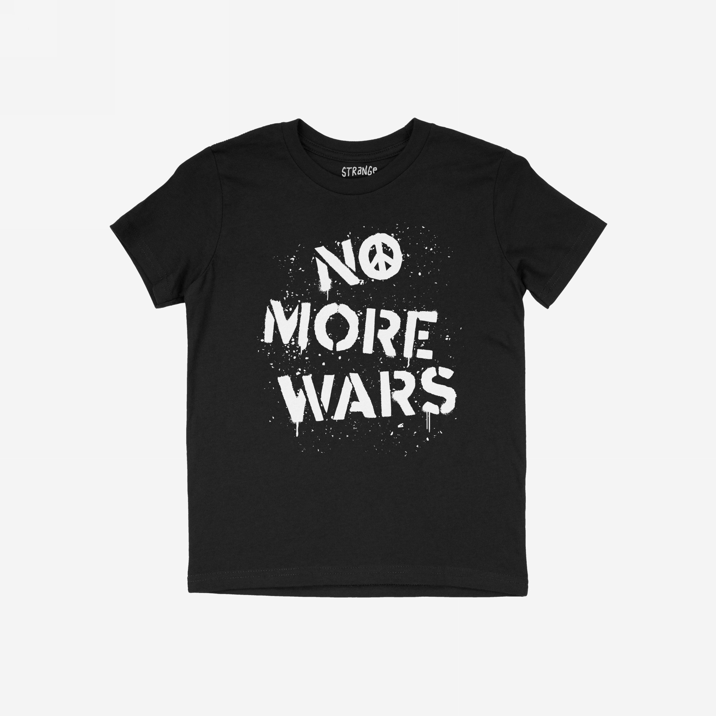 No More Wars Shirt featuring a spray-painted NO MORE WARS with a peace sign. This black crewneck T-shirt symbolizes a call for peace and accountability against global violence.