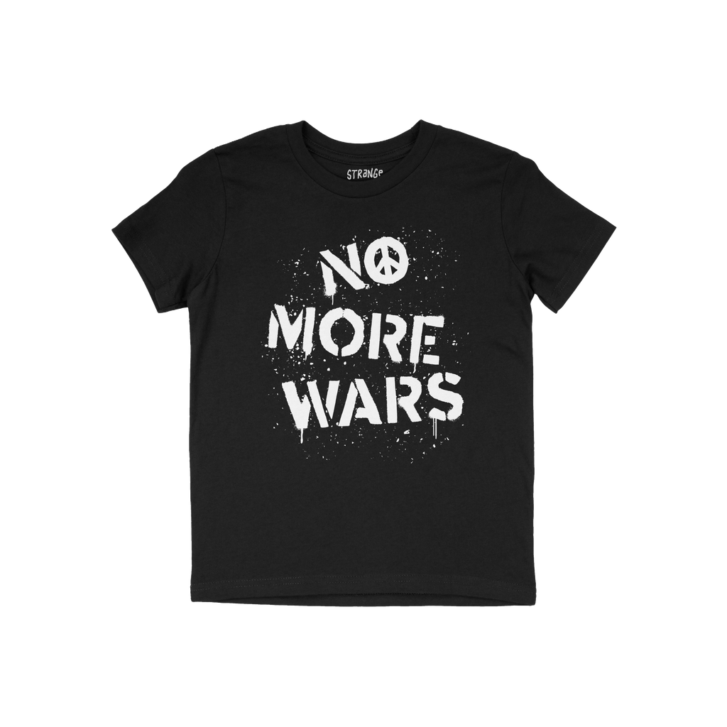 No More Wars Shirt featuring a spray-painted NO MORE WARS with a peace sign. This black crewneck T-shirt symbolizes a call fo
