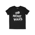 No More Wars Shirt featuring a spray-painted NO MORE WARS with a peace sign. This black crewneck T-shirt symbolizes a call fo