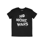No More Wars Shirt featuring a spray-painted NO MORE WARS with a peace sign. This black crewneck T-shirt symbolizes a call fo