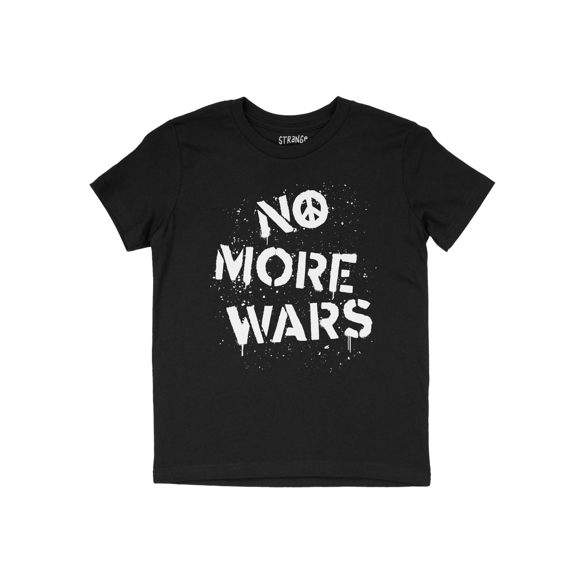 No More Wars Shirt featuring a spray-painted NO MORE WARS with a peace sign. This black crewneck T-shirt symbolizes a call fo