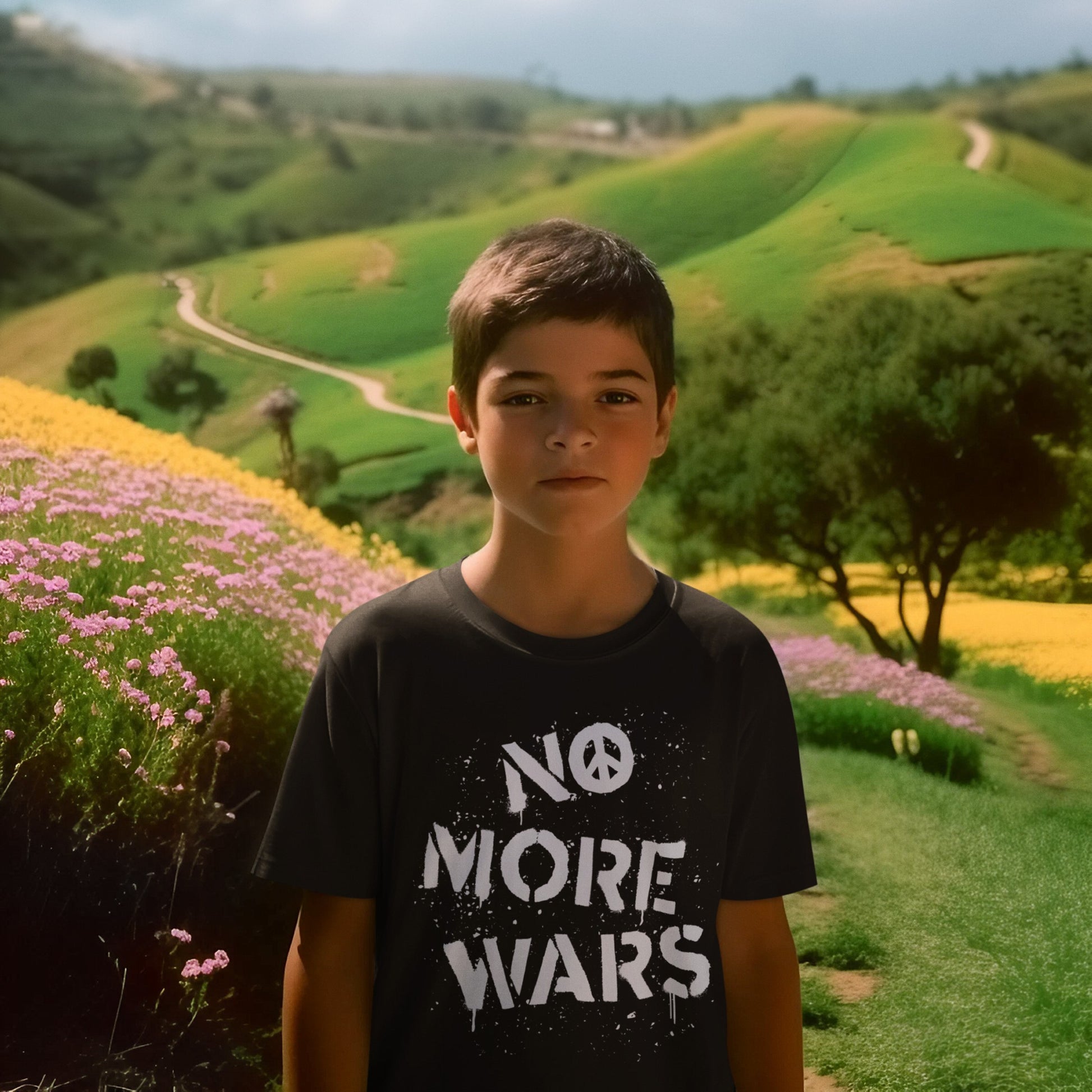 Young boy in a peaceful landscape wears the No More Wars T-shirt featuring a peace sign and bold stencil design, symbolizing a stand against global violence and promoting equality.